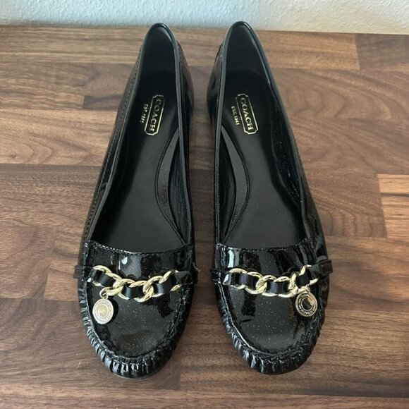 Coach Black Glitter Flats Loafers Drivers Charm Designer Patent Leather Size 6.5 - Picture 4 of 12